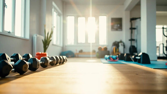 minimalist home gym with sunlight, dumbbells, resistance bands, and clean modern design